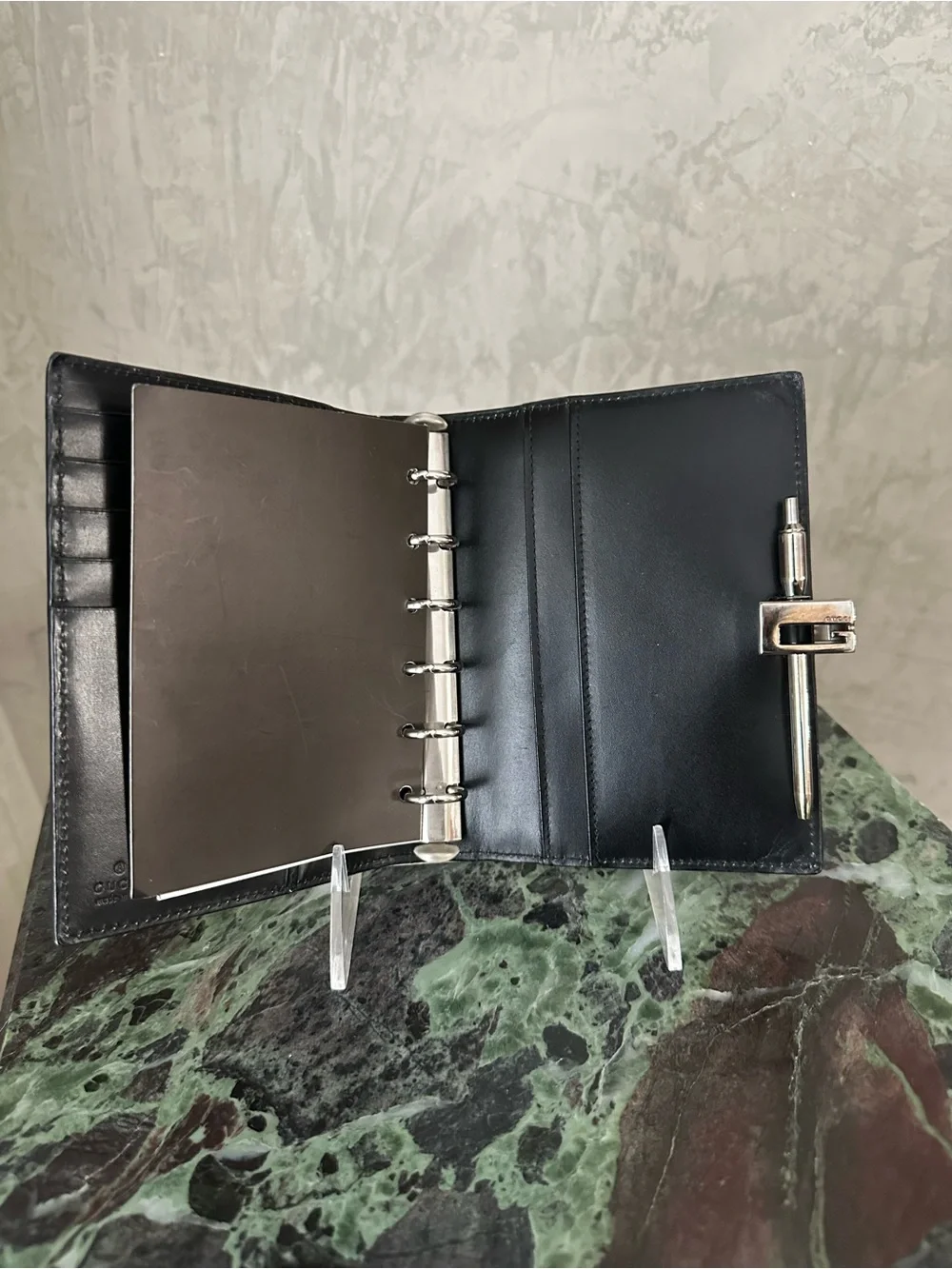 GUCCI AUTHENTIC Black Leather WALLET Planner with Pen Loop